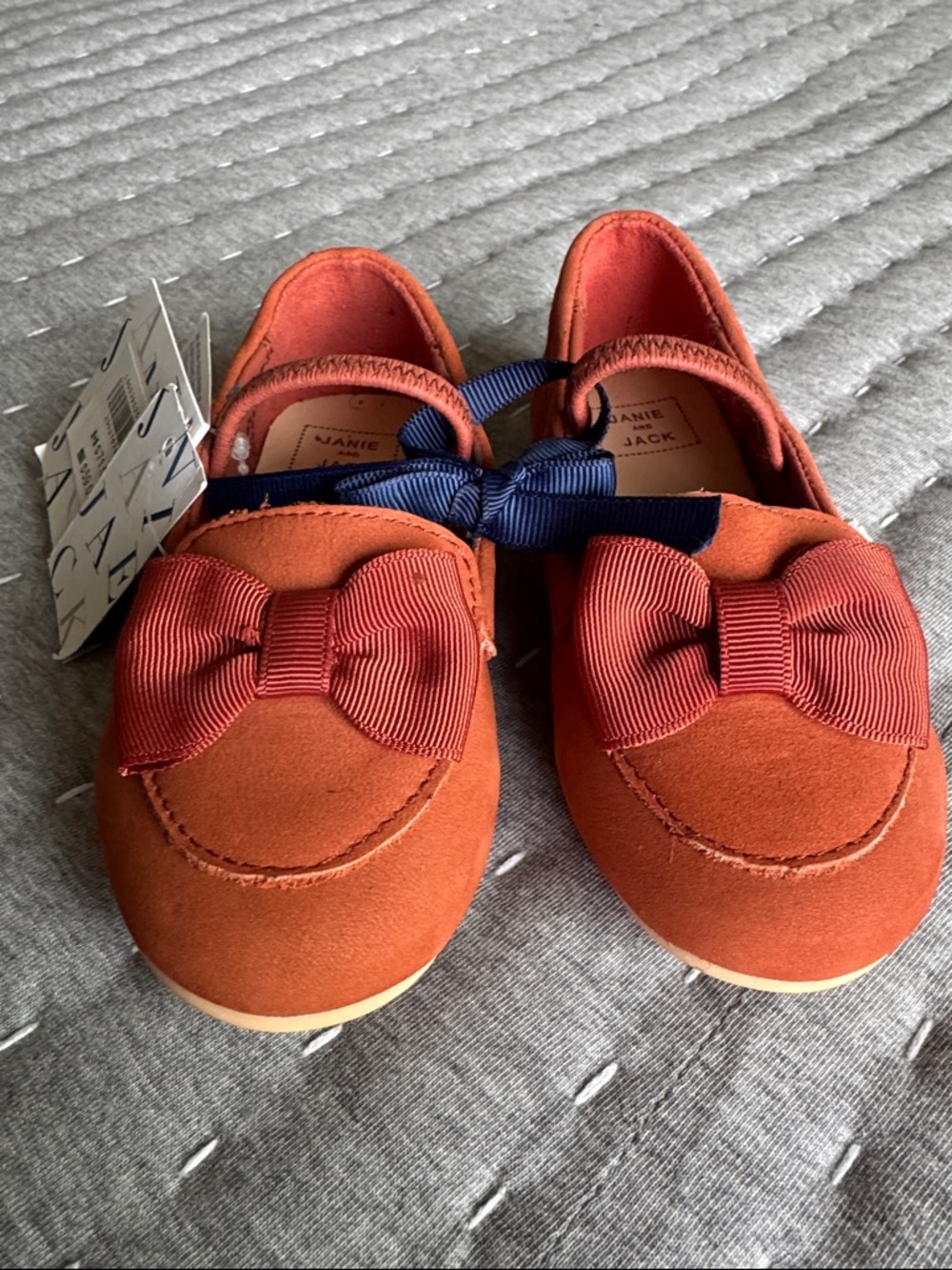 Janie and Jack Orange Suede Bow Slip-On Kids Shoes with Navy Ribbon